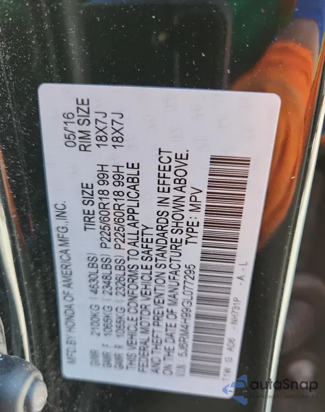 2016 Honda Cr-V Touring from USA, damaged, VIN 5J6RM4H99GL077295